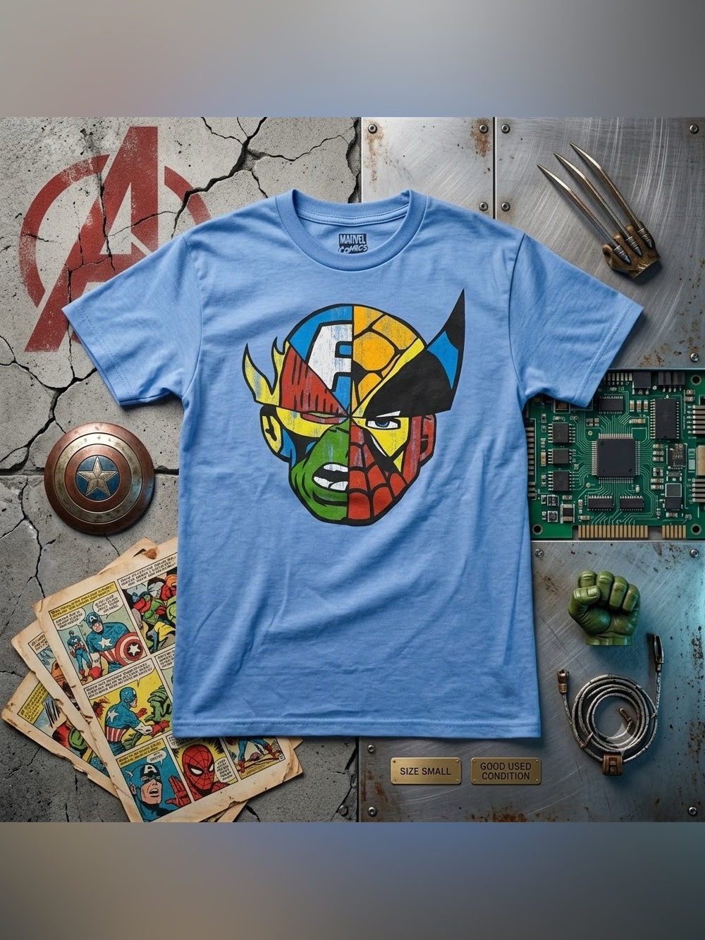 Marvel Men’s Light Blue Short-Sleeve Superhero Patchwork Face Tee